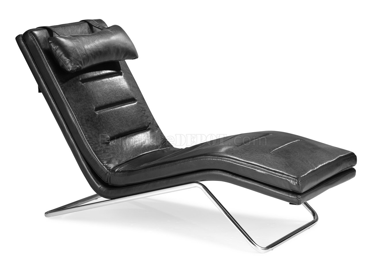 Black Leatherette Modern Chaise Lounger w/Chromed Steel Frame - Click Image to Close