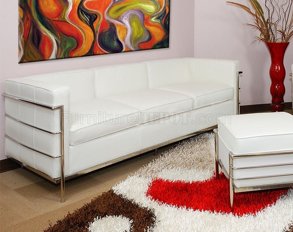 White Leather Le Corbusier Style Sofa w/Two Free Ottomans - Click Image to Close