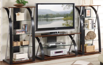 Two-Tone Black & Walnut Modern TV Stand w/2 Shelf Units