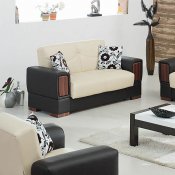 Beige & Black Leatherette Modern Sofa Bed w/Zebrano Accents