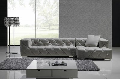 Grey Full Italian Leather Modern Sectional Sofa w/Crystals
