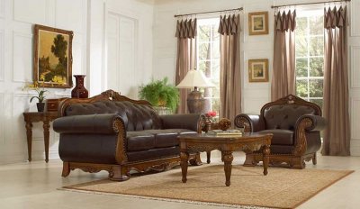 Brown Full Leather Classic Living Room Sofa & Loveseat Set