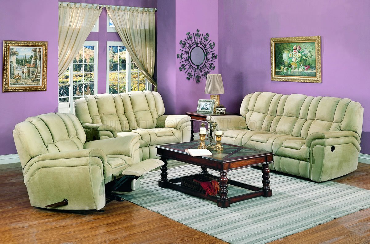 Beige Microfiber Contemporary Living Room W/Reclining Seats - Click Image to Close