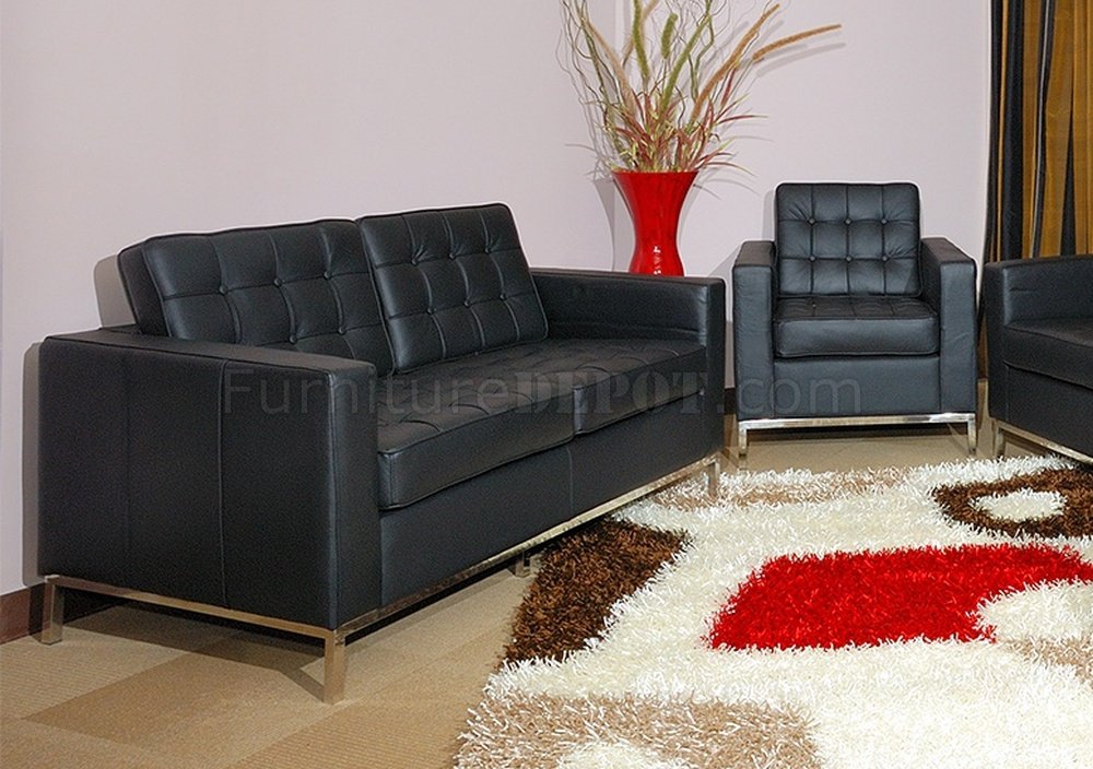Button-Tufted Modern Black Full Leather Loveseat & Chair Set - Click Image to Close