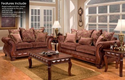 Chocolate Fabric Traditional Sofa & Loveseat Set with Pillows