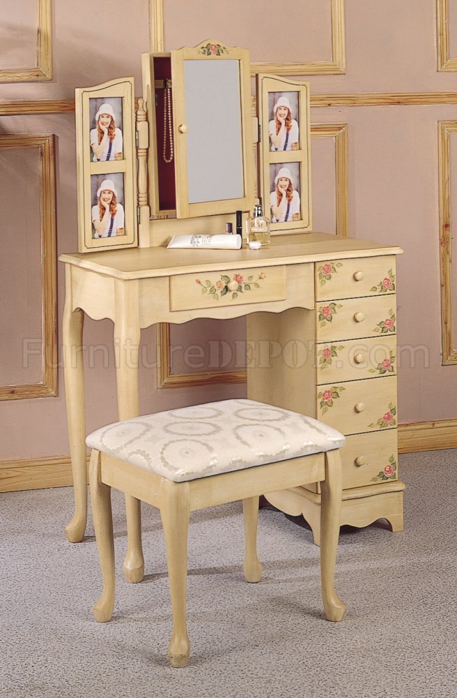 Ivory Hand Painted Vanity w/Matching Stool - Click Image to Close