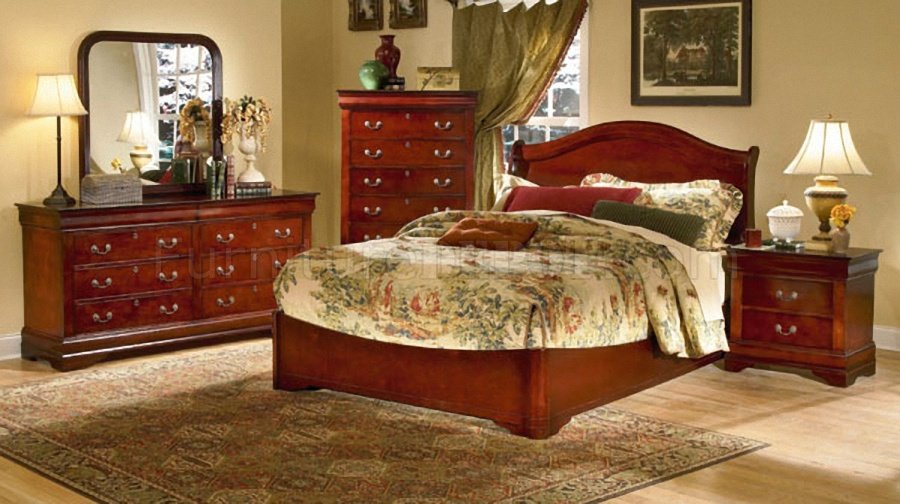 Martini Cherry Finish Classic Low Profile Bed w/Arched Headboard