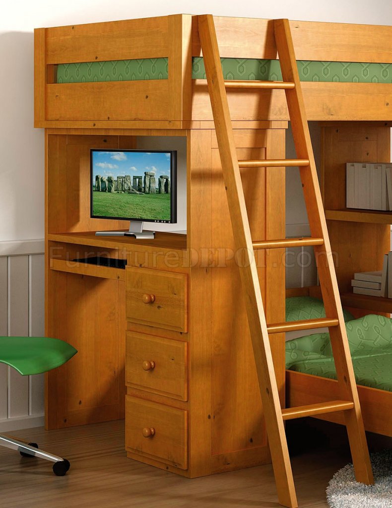 Natural Honey Finish Solid Pine Contemporary Loft Bed With Desk