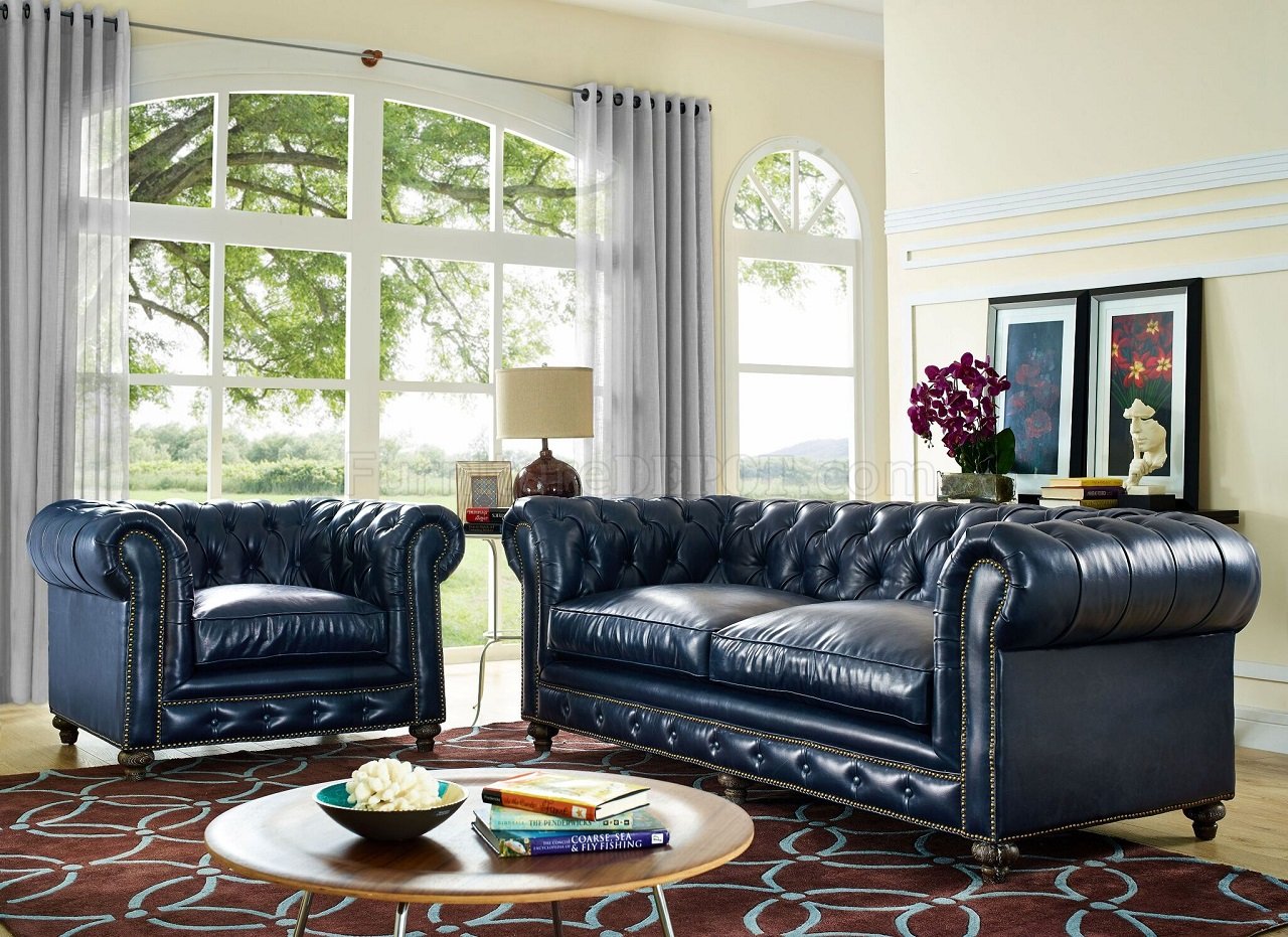 Rustic Navy Blue Leather Tov Furniture, Blue Leather Living Room Set