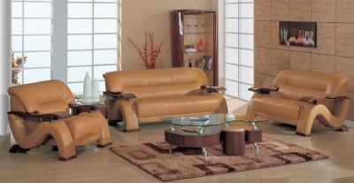Modern Brown Leather Living Room Sofa w/Mahogany Arms