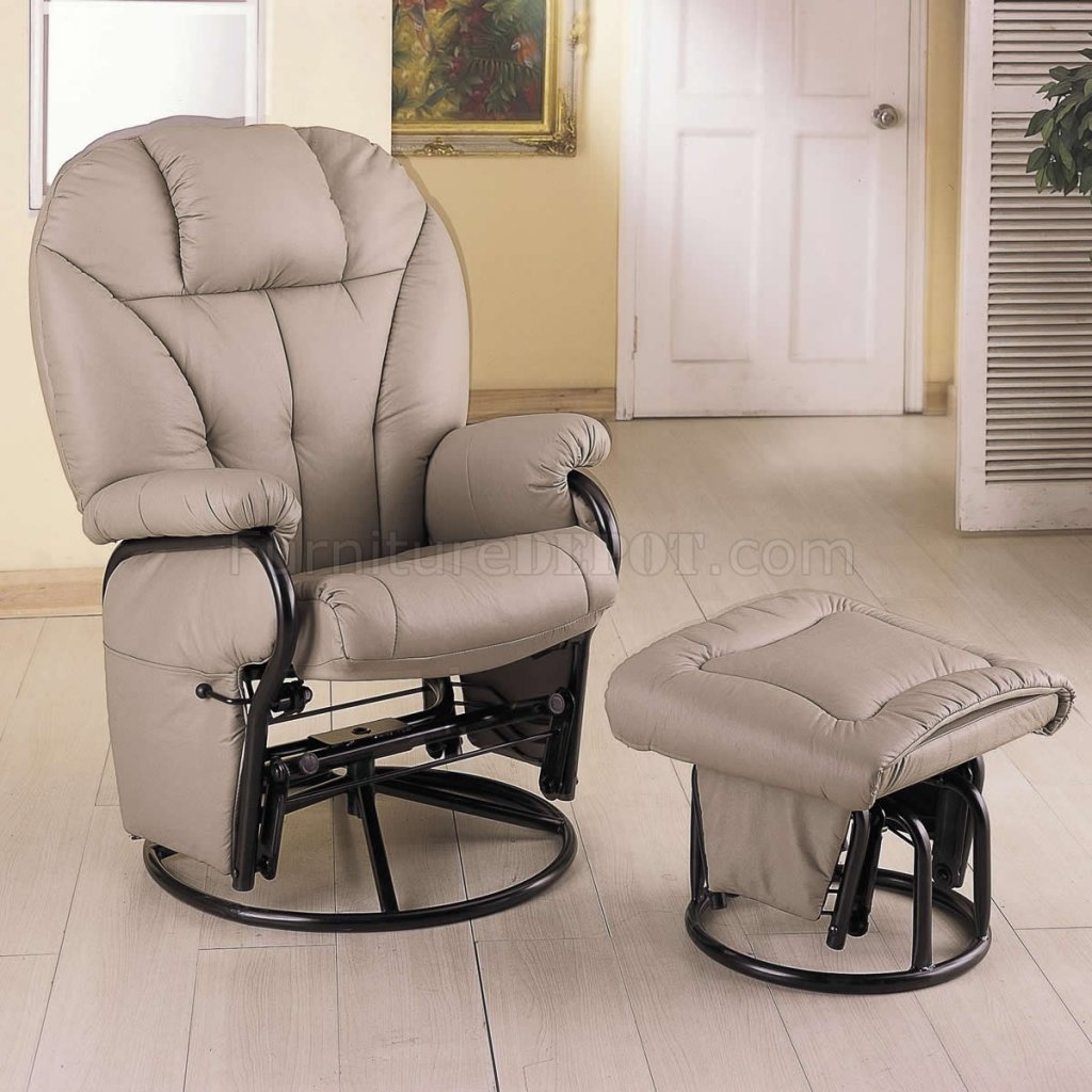 Bone Leatherette Modern Swivel Glider Chair w/Ottoman - Click Image to Close