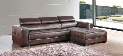 Brown Genuine Leather Modern Sectional Sofa w/Tufted Seats