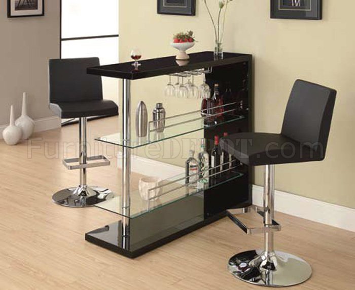 Black Bar Table W Clear Glass Shelves, Black Glass Bar Table And Stools