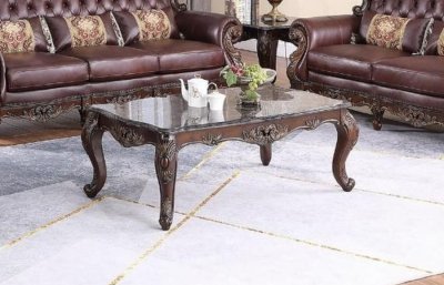 Britney Marble Top Coffee Table 3Pc Set in Cherry