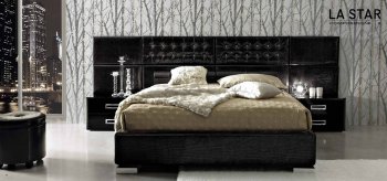 Moon Bed w/2 Nightstands in Black Glossy Leather with Options [EFBS-Moon Black]