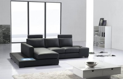 T35 Mini Sectional Sofa in Black Eco-Leather w/ Light