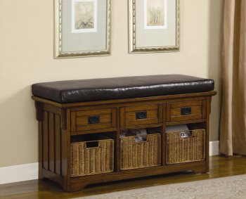 Oak Finish Stylish Storage Bench w/Black Cushion [CRB-514-501061]