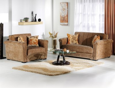 Contemporary Brown Microfiber Pull Out Loveseat & Armchair