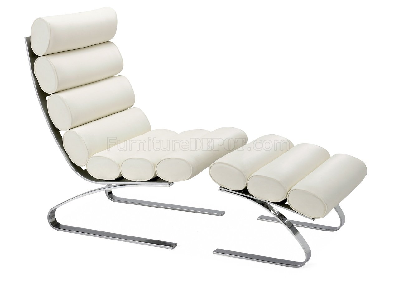 White Leatherette Chaise w/Bolster Cushions & Steel Chrome Base - Click Image to Close