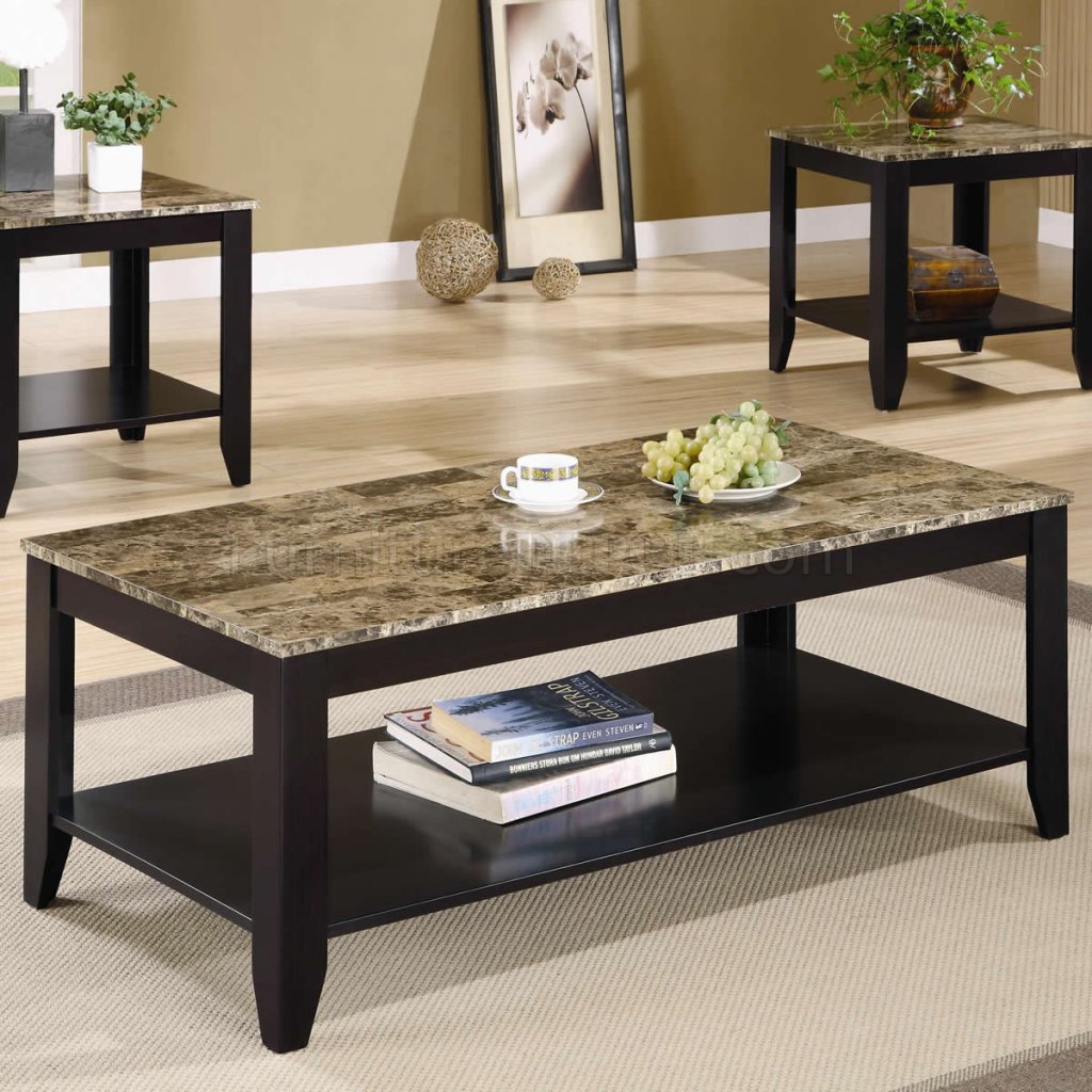 Marble-Like Top & Cappuccino Finish Modern 3Pc Coffee Table Set - Click Image to Close