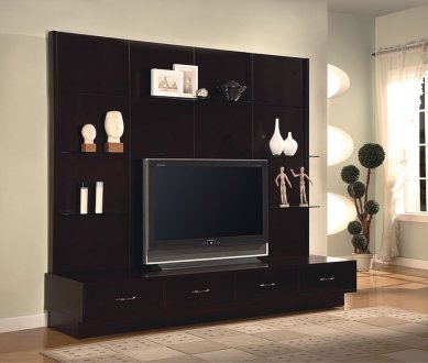 Cappuccino Finish Contemporary Tv Console W/Storages & Shelves