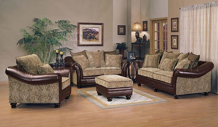 Chenille Fabric And Bycast Leather Two, Leather And Cloth Living Room Sets