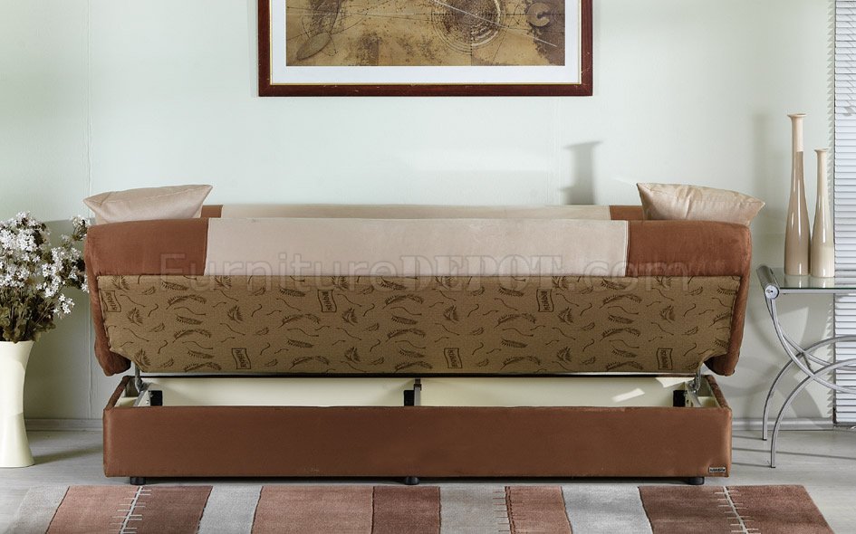 brown and beige sofa bed with storage