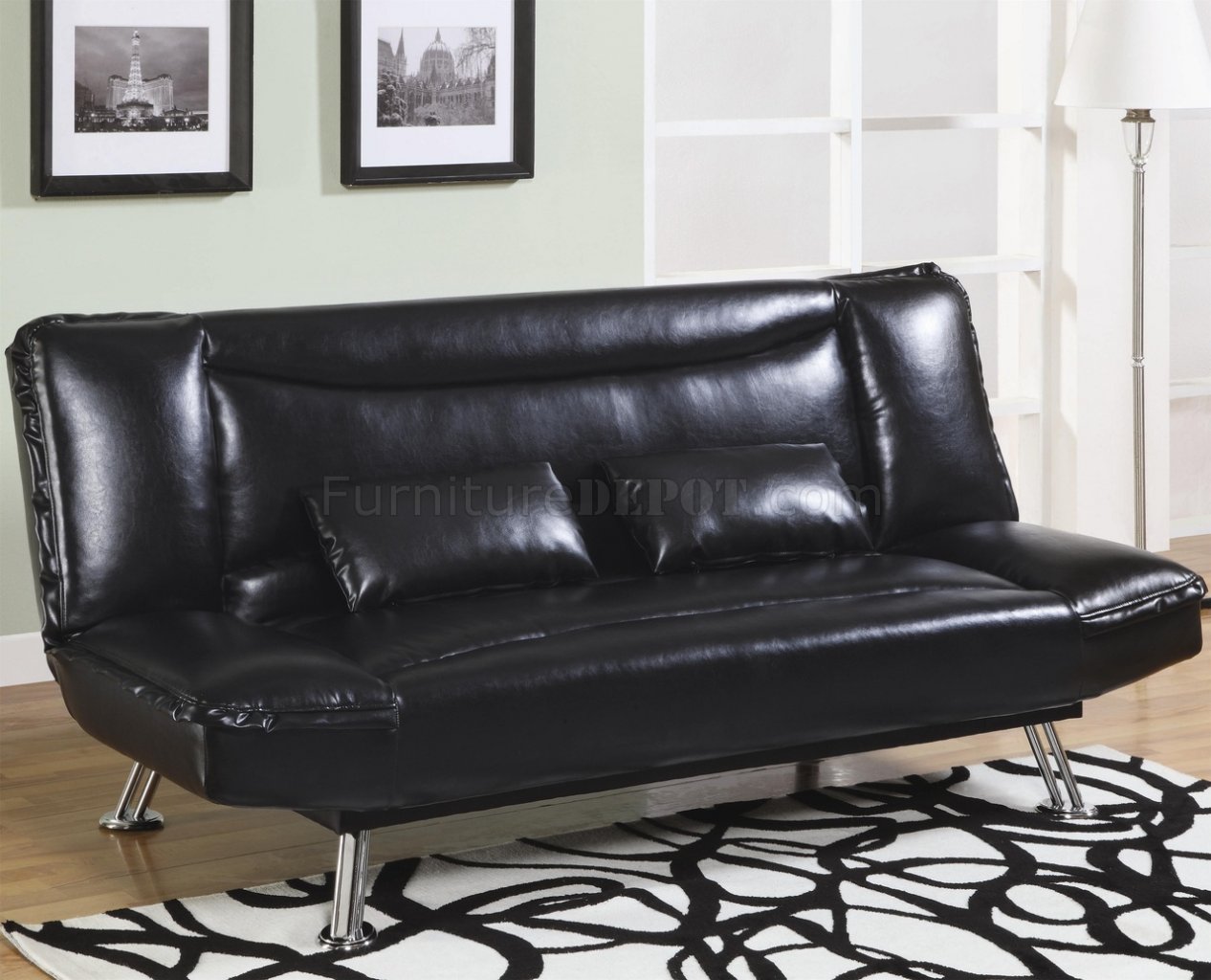 Faux Leather Modern Convertible Sofa, Black Faux Leather Sofa Bed