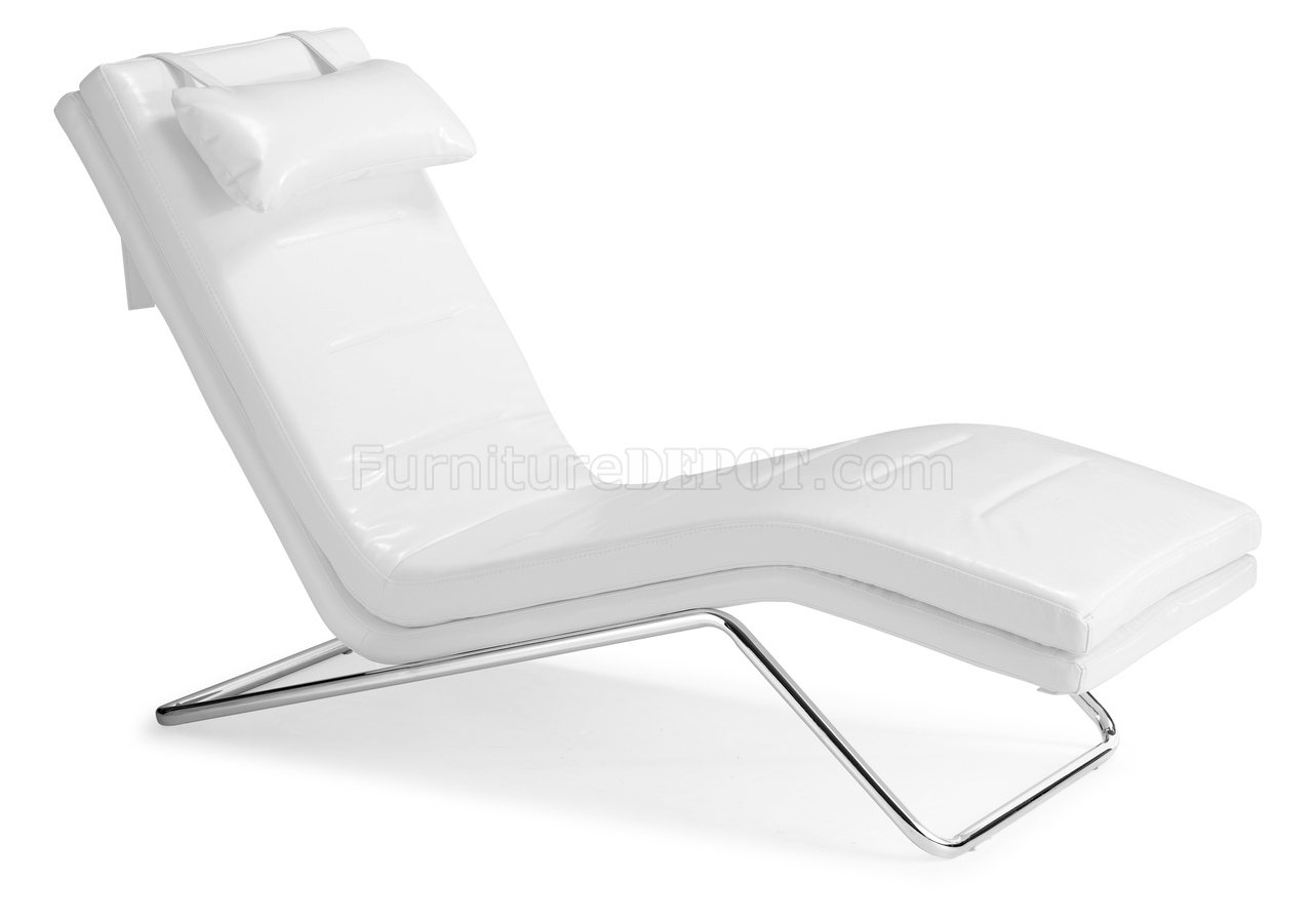 White Leatherette Modern Chaise Lounger w/Chromed Steel Frame - Click Image to Close