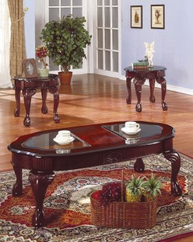 Rich Cherry Traditional 3Pc Coffee Table Set w/Glass Inserts [HLCT-T531]