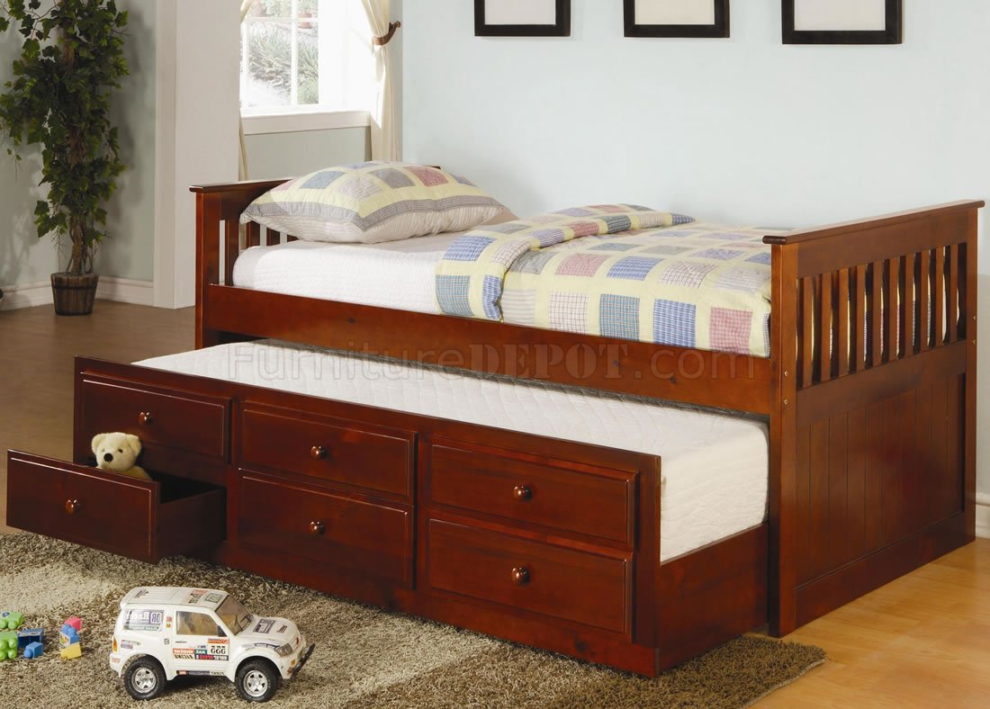 Cherry Finish Contemporary Daybed w/Trundle & Storage Drawers - Click Image to Close