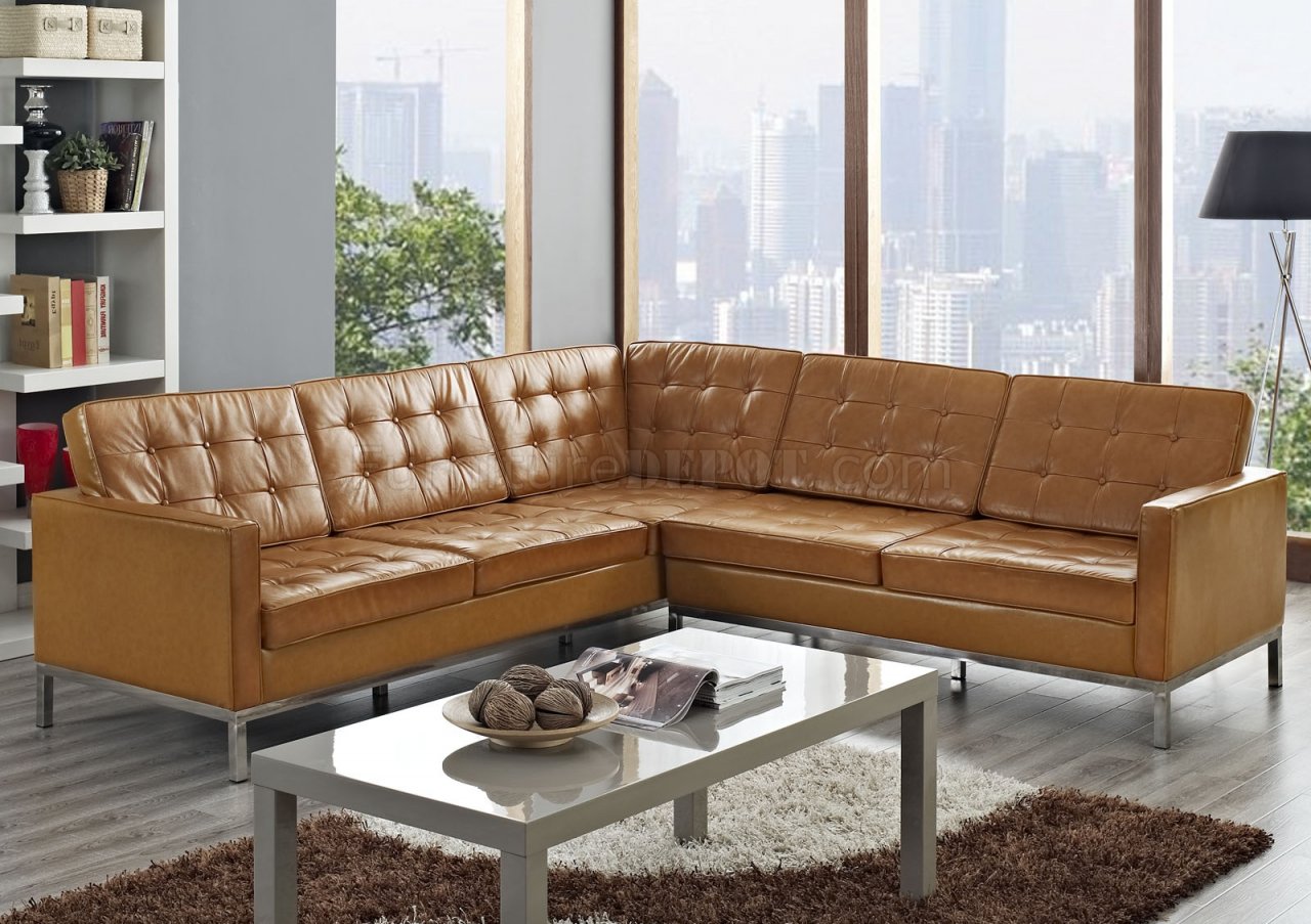 L Shaped Sectional Sofa In Tan Leather, Leather L Shaped Sectional