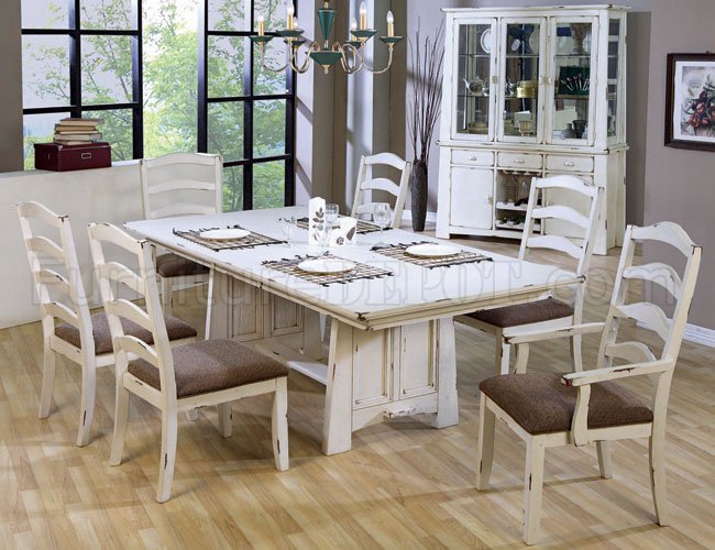 Distressed Wash White Finish Country, Country Style Dining Room Set