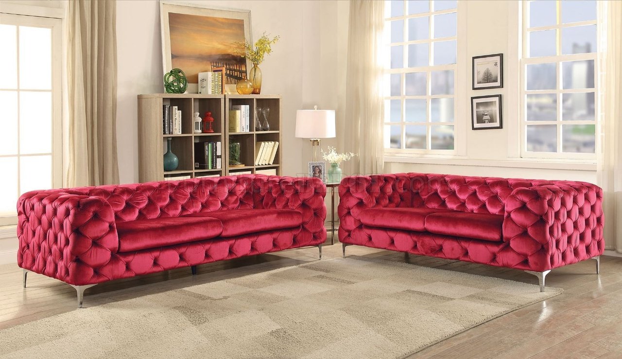 Adam Fabric Sofa 52795 in Red Velvet by Acme w/Options - Click Image to Close
