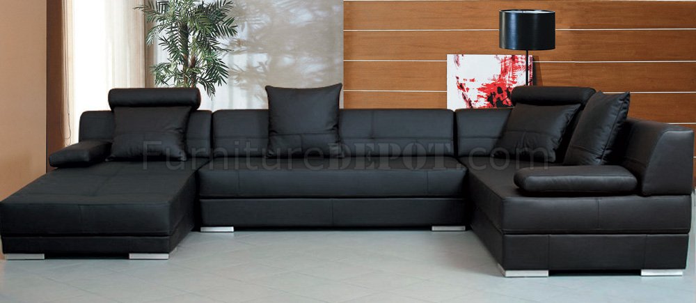 Black Leather Modern Sectional Sofa w/Throw Pillows - Click Image to Close