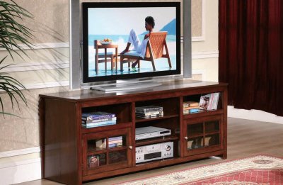 Brown Cherry Finish Modern TV Cabinet w/Doors & Shelves