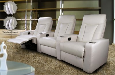 White Leatherette Home Theater Recliners w/Adjustable Headrests