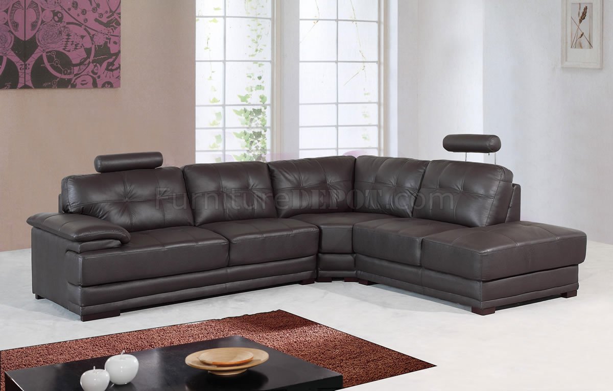 Dark Brown Leather Modern Sectional Sofa Wadjustable Headrests