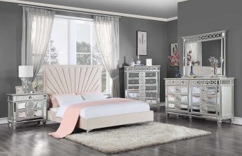Faiz Bedroom 5Pc Set BD00957Q Beige Velvet & Mirrored by Acme [AMBS-BD00957Q Faiz]