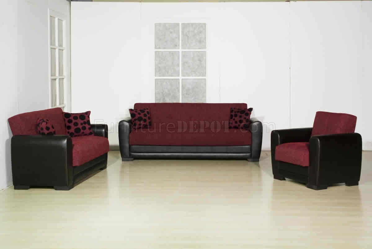 Burgundy Fabric Stylish Living Room w/Sleeper Sofa & Storage - Click Image to Close