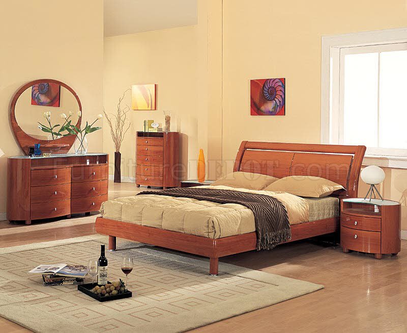 Cherry High Gloss Finish Modern Bedroom Set - Click Image to Close