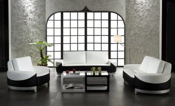 White & Black Bonded Leather 3PC Modern Stylish Living Room Set [VGS-0893]