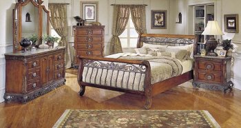 Warm Cherry Finish Traditional Sleigh Bed w/Iron Gold-Tone Frame [HEBS-829-Barcelona]