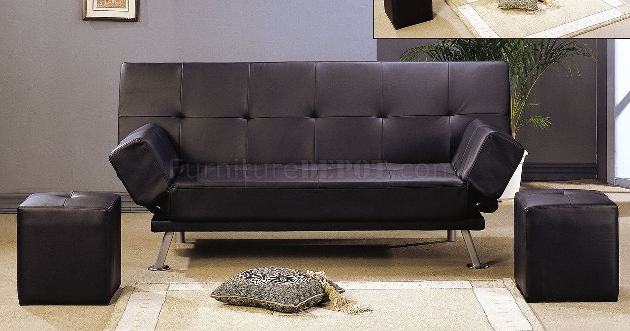 Black Leather Like Finish Contemporary Sofa Bed w/Chrome Legs - Click Image to Close
