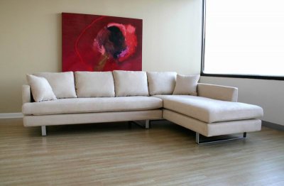 Cream Microfiber Modern Sectional Sofa w/Pillows & Metal Legs