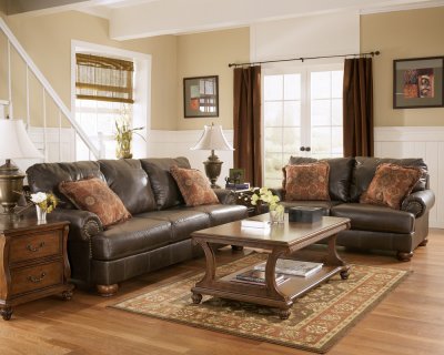 Truffle Color Rustic Living Room with Nailhead Deatils By Ashley 85601