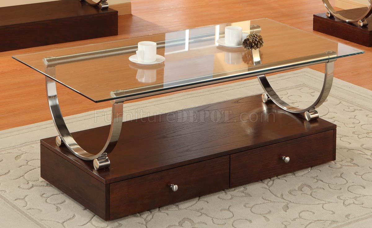 Clear Glass Top Modern Coffee Table w/Wood Box Base & Drawers