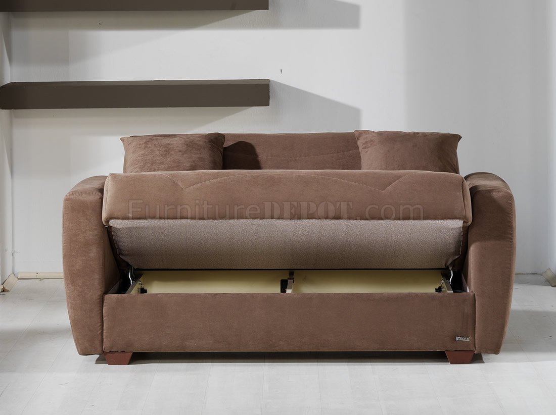 Elegant Truffle Microfiber Living Room with Storage Sleeper Sofa