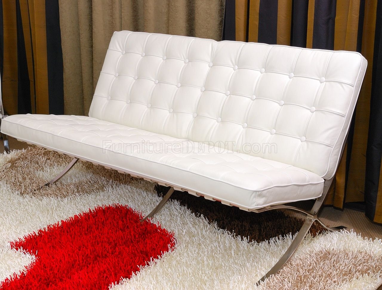 White Button Tufted Full Leather Modern Loveseat - Click Image to Close