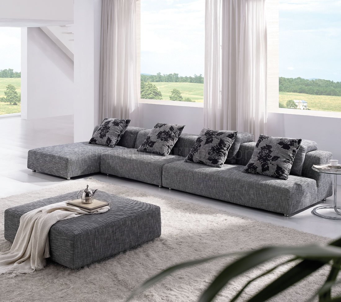 Grey Zebrano Fabric Modern Sectional Sofa w/Ottoman - Click Image to Close